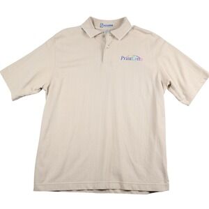 90s Dad Mens Tan Pinstripe Knit Polo Shirt Short Sleeve Print‎ Lynx Logo Size Lg